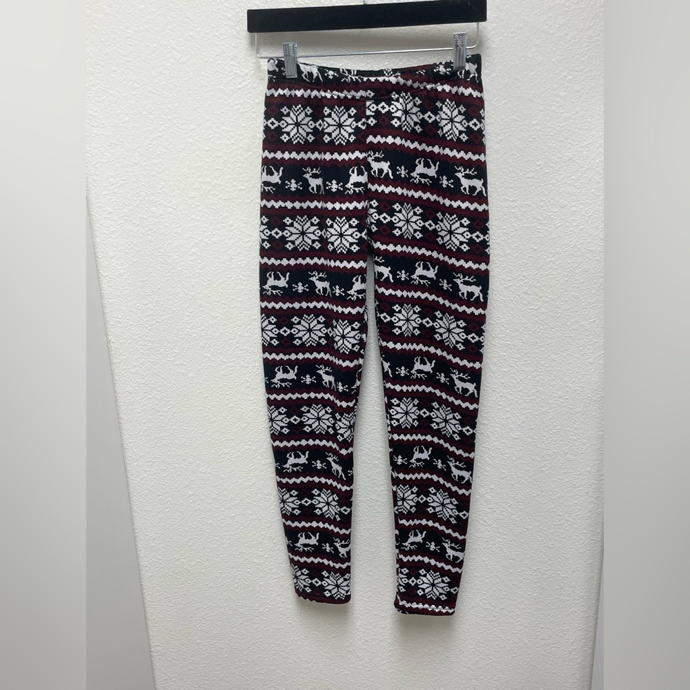 Shosha Women’s L XL Fleece Lined Festive Patterned Black White Red Leggings